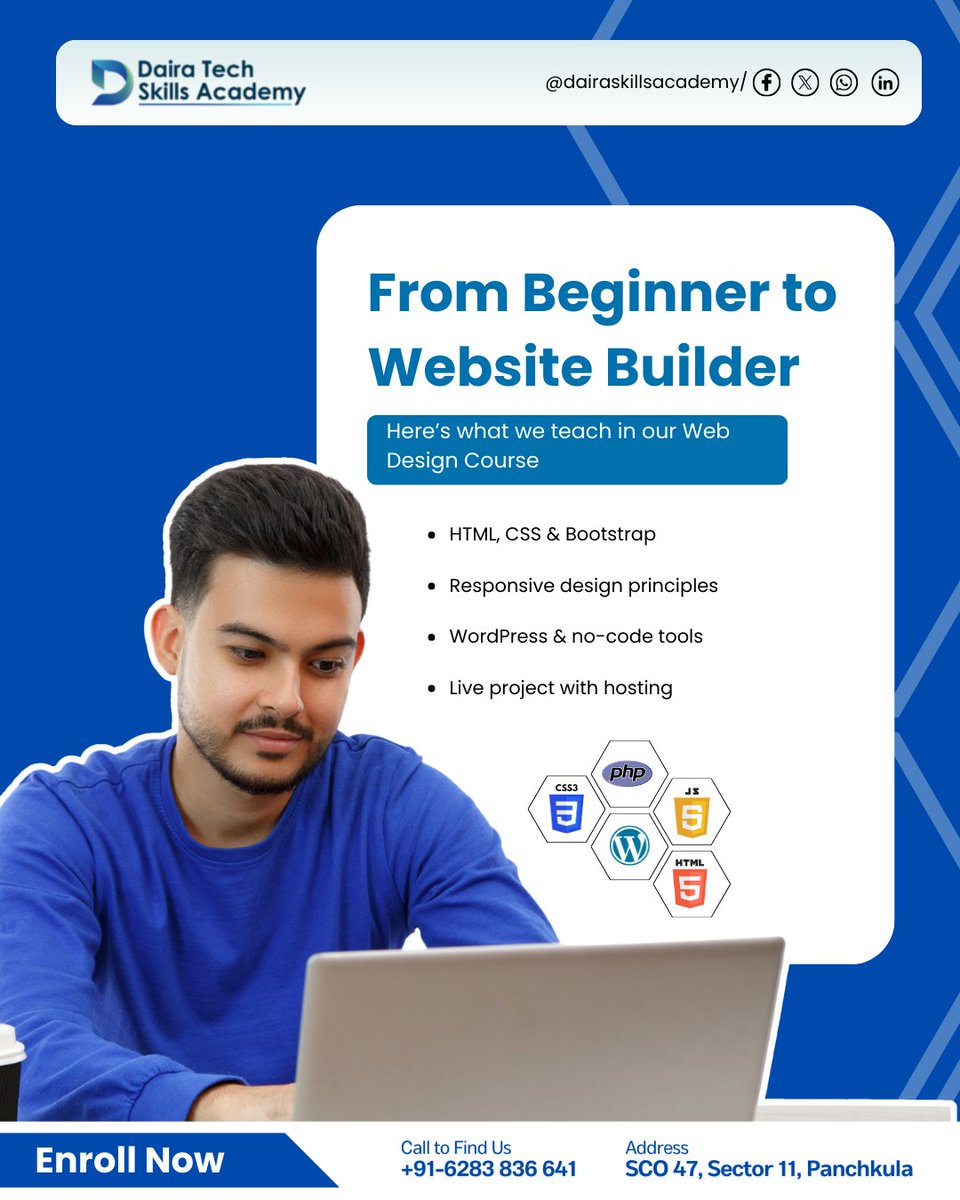 DairaTech's tweet image. From beginner to website builder! Learn HTML, CSS, Bootstrap, WordPress & more with hands-on projects at Daira Tech Skills Academy.
📍 SCO 47, Sector 11, Panchkula
📞 +91-6283 836 641
#dairatechskillsacademy #webdesigncourse #learnwebdesign #panchkulastudents #htmlcss