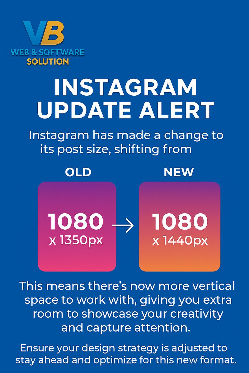 📲 Instagram Update:
Post size changed from 1080x1350px → 1080x1440px

💡 What it means:
🔹 More vertical space
🔹 Better visibility
🔹 Stronger impact

Update your design strategy now to stay ahead! ⚡

#InstagramUpdate #SocialMedia #DigitalMarketing