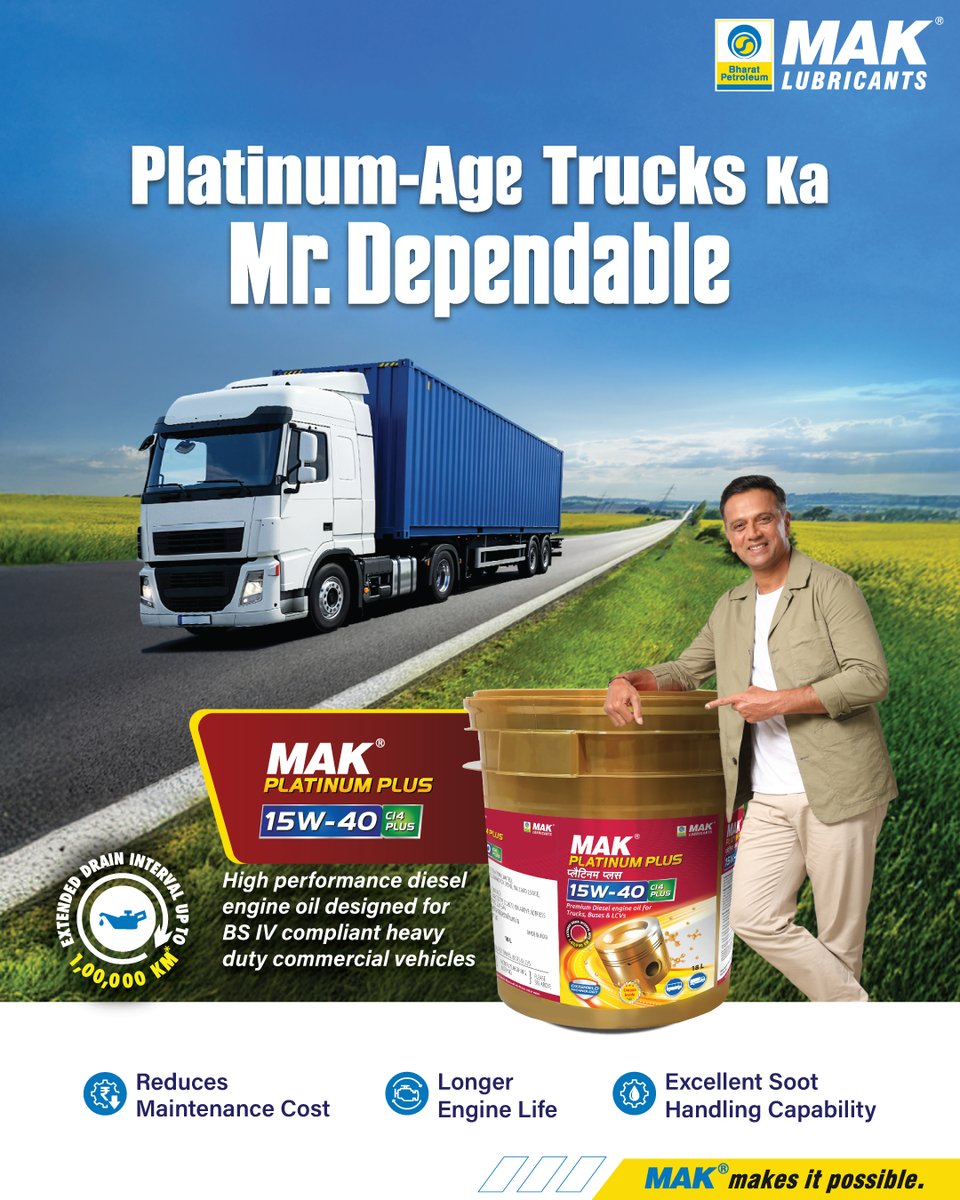 BPCLMakLubes's tweet image. When the routes get tough and the loads run heavy, only the right engine oil keeps your trucks moving mile after mile.

MAK PLATINUM PLUS 15W-40 CI4 PLUS is built for the heavy-duty demands of BS IV trucks - keeping soot in check, reducing wear, and cutting down maintenance…