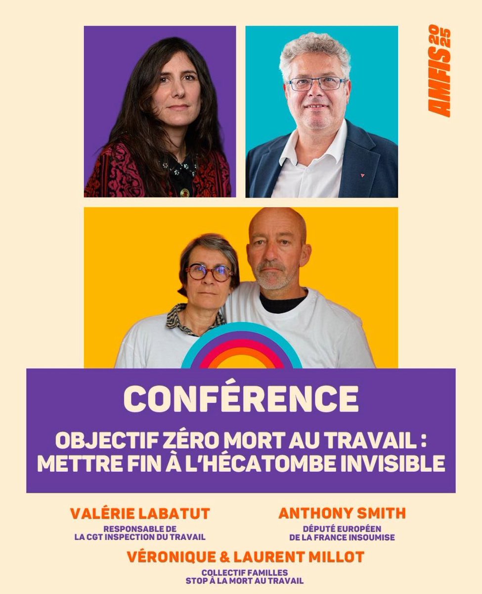 🔴Comment mettre fin à l’hécatombe invisible de la mort au travail ?

📍A toute à l’heure 13h30 aux #Amfis2025 aux côtés de Valérie Labatut de la <a href="/cgt_tefp/">CGT Ministère du Travail</a> Inspection du travail et de Véronique et Laurent Millot du <a href="/CollectifStop/">Collectif Familles stop à la mort au travail</a> collectif familles stop à la mort au travail