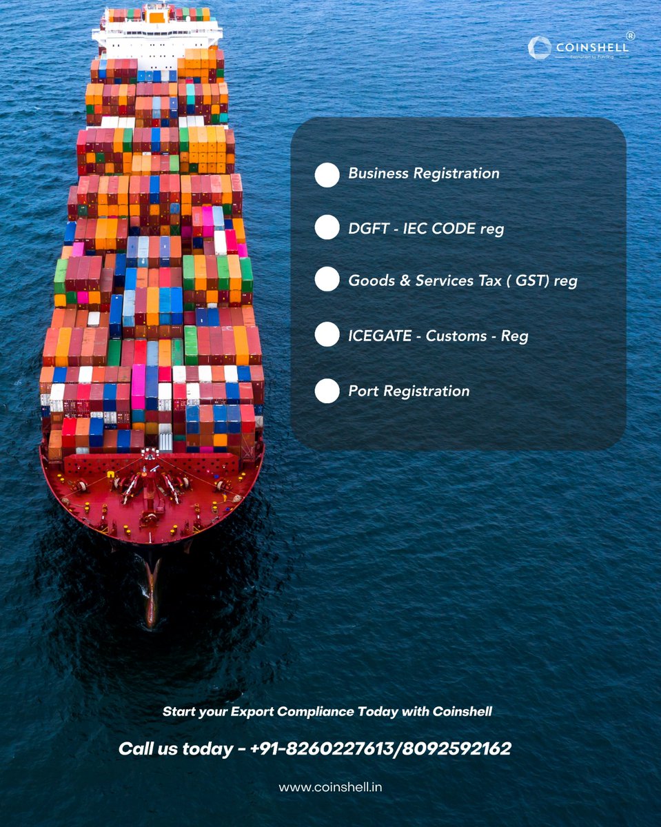 CoinShell's tweet photo. 🚢 𝗥𝗲𝗮𝗱𝘆 𝘁𝗼 𝘁𝗮𝗸𝗲 𝘆𝗼𝘂𝗿 𝗯𝘂𝘀𝗶𝗻𝗲𝘀𝘀 𝗴𝗹𝗼𝗯𝗮𝗹?

Export success starts with compliance. 🌍✅
@CoinShell handles:

✅ IEC Code
✅ GST &amp; ICEGATE
✅ Port &amp; Customs setup

From paperwork to ports, we’ve got you.

📩 DM us to get started!

#Coinshell #IEC #ICEGATE https://t.co/QzDQY9ZyrM