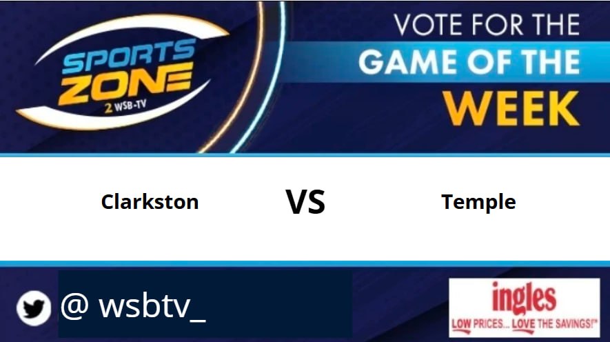 WSB-TV sports (@wsbtv_) on Twitter photo GAME of the week
Clarkston 🆚 Temple
friday, August 22 @ 7:30pm.
Come support your favorite team.
Watch Here: s.id/wsb-tv
<a href="/temple_tigers/">Temple Tigers Football</a> <a href="/BIGDOM600/">Dominic Nicolosi</a> GAME of the week
Clarkston 🆚 Temple
friday, August 22 @ 7:30pm.
Come support your favorite team.
Watch Here: s.id/wsb-tv
<a href="/temple_tigers/">Temple Tigers Football</a> <a href="/BIGDOM600/">Dominic Nicolosi</a>