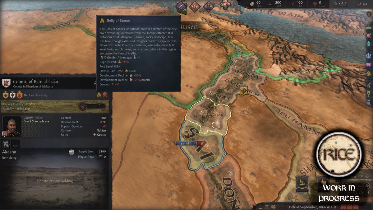 🪨Nubia Flavor Pack Preview #17🪨

In RICE's Nubia update, the county of Batn al-Hajar, meaning "Belly of Stones" in Arabic, will get a special permanent modifier representing its rugged, barren terrain and status in medieval Nubia as a second border.

#CK3 #CK3Mod #CrusaderKings