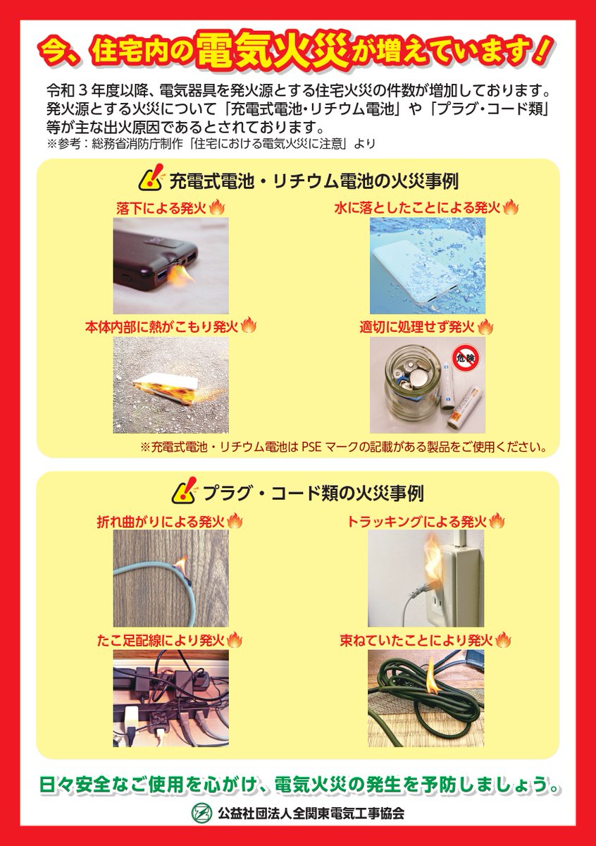 ８月は電気使用安全月間です。近年、住宅内の電気火災が増えています。充電式電池・リチウム電池やプラグ・コード類が主な出火原因とされています。日々安全な使用を心掛けて電気火災の発生を予防しましょう！
#電気火災 #充電式電池 #リチウム電池 #トラッキング #タコ足配線 #電気使用安全月間