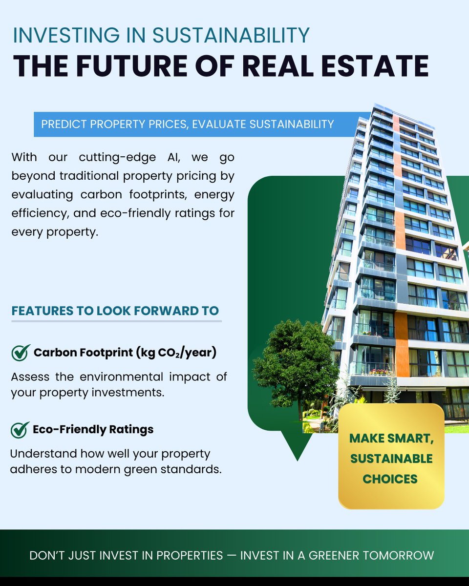 JosefTingey's tweet photo. Real estate isn’t just about location anymore — it’s about sustainability.
With AI-powered insights, evaluate carbon footprints, energy efficiency &amp; eco-friendly ratings before you invest.

👉 Make smarter, greener property choices today!
#Sustainability #RealEstate https://t.co/nh3I0N1ZwP