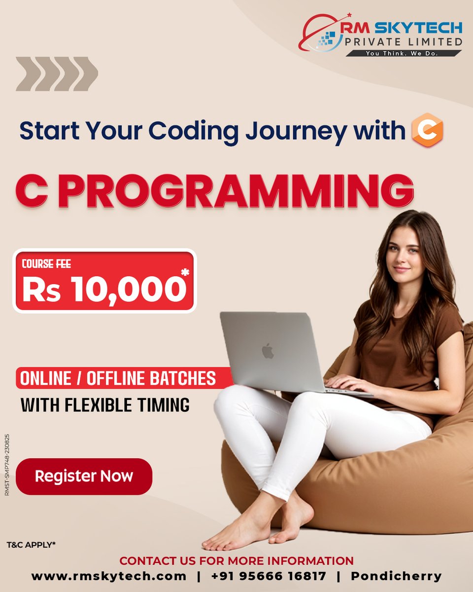 RMSkyTech1's tweet image. Start your coding journey with C! 💻 C Programming Course at RM Skytech for only ₹10,000. Flexible batches available.
Register Now! 📞 +91-9566616817 | 🌐 rmskytech.com
#CProgramming #CodingCourse #Programming #Pondicherry #RMskytech #LearnToCode #TechSkills