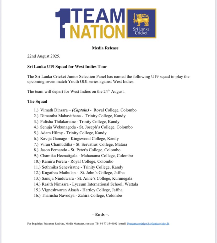 DanuskaAravinda's tweet photo. Sri Lanka U19 squad named for the 7-match Youth ODI series vs West Indies 🇱🇰🏏 The team departs on Aug 24.
#sportspavilionlk #danushkaaravinda #SLU19 #FutureStars https://t.co/b30410C80o