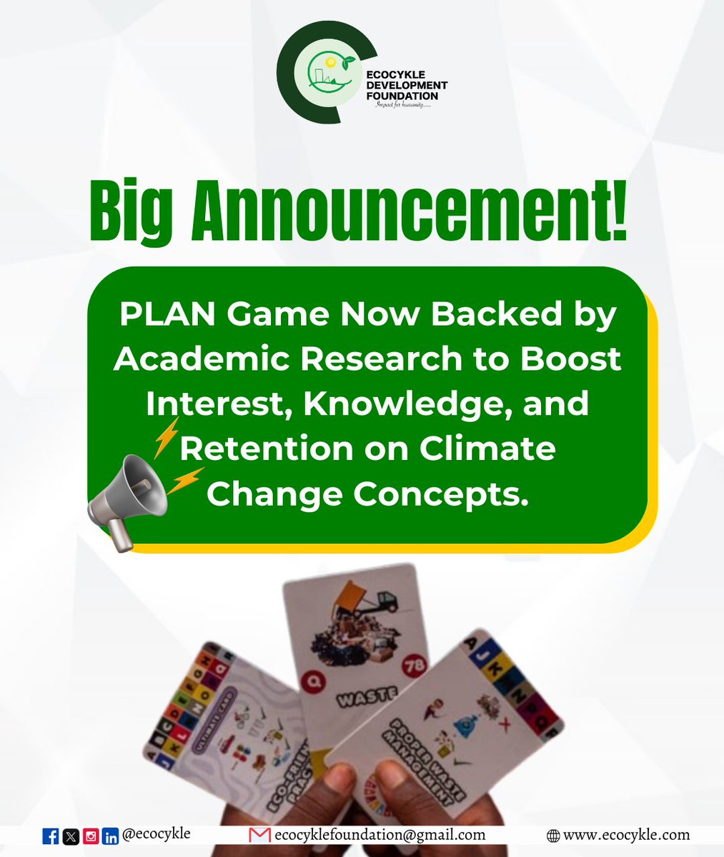 ecocykle's tweet photo. BIG ANNOUNCEMENT!!!!
PLAN Game Now Backed by Academic Research to Boost Interest, Knowledge, and Retention on Climate Change Concepts!
This great milestone affirms the power of interactive learning and marks a big win for climate education globally.
#EcocykleImpact
#PlanGame https://t.co/9IEB4ucPow
