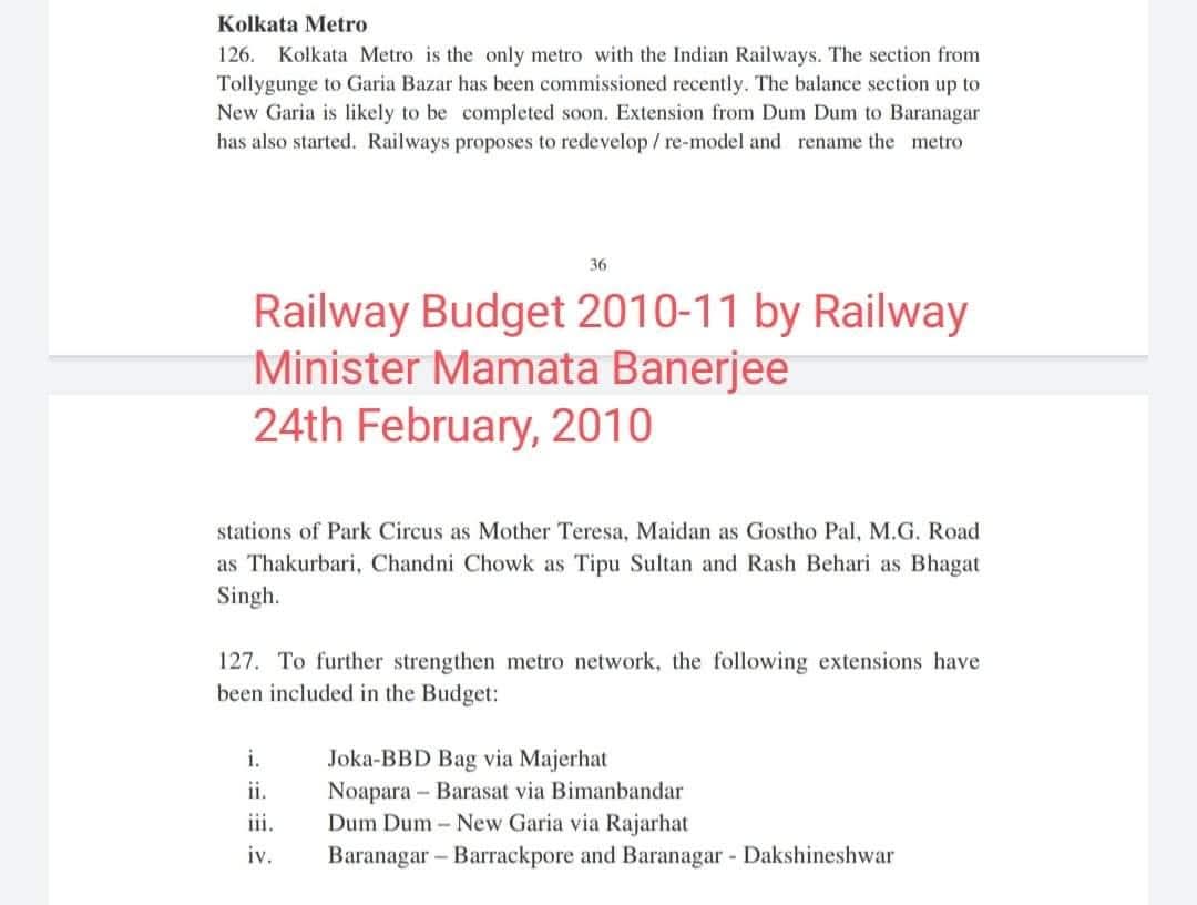 Nabarun Bhattacharya (@nabarun204) on Twitter photo 24th Feb, 2010
Railway Minister <a href="/MamataOfficial/">Mamata Banerjee</a> announces 4 new Metro Lines for Kolkata in her Railway Budget for the first time:
🟡 Noapara - Airport - Barasat
🟠 New Garia - Ruby - New Town - Airport
🟣 Joka - BBD Bag
🔴 Baranagar - Barrackpore 24th Feb, 2010
Railway Minister <a href="/MamataOfficial/">Mamata Banerjee</a> announces 4 new Metro Lines for Kolkata in her Railway Budget for the first time:
🟡 Noapara - Airport - Barasat
🟠 New Garia - Ruby - New Town - Airport
🟣 Joka - BBD Bag
🔴 Baranagar - Barrackpore