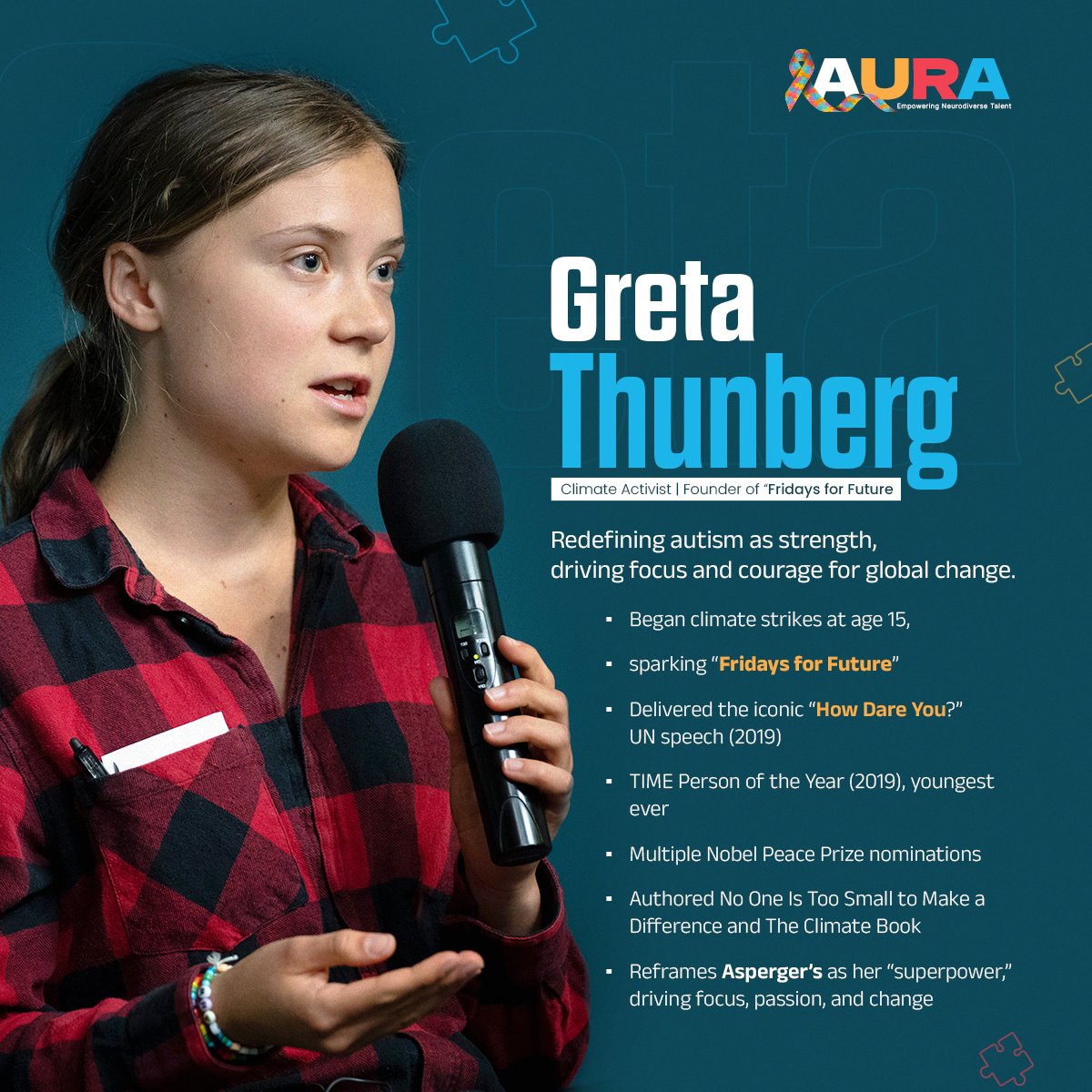 CSMTechnologies's tweet photo. Did You Know?
Greta Thunberg, the teenager who inspired millions to demand climate action, proudly embraces her Aspergerโs as a โsuperpower.โ
#GretaThunberg #FridaysForFuture #Neurodiversity #AutismAwareness #ProjectAURA #InclusionMatters #CSMTech #CSRInitiative https://t.co/JzsfdzG3xd