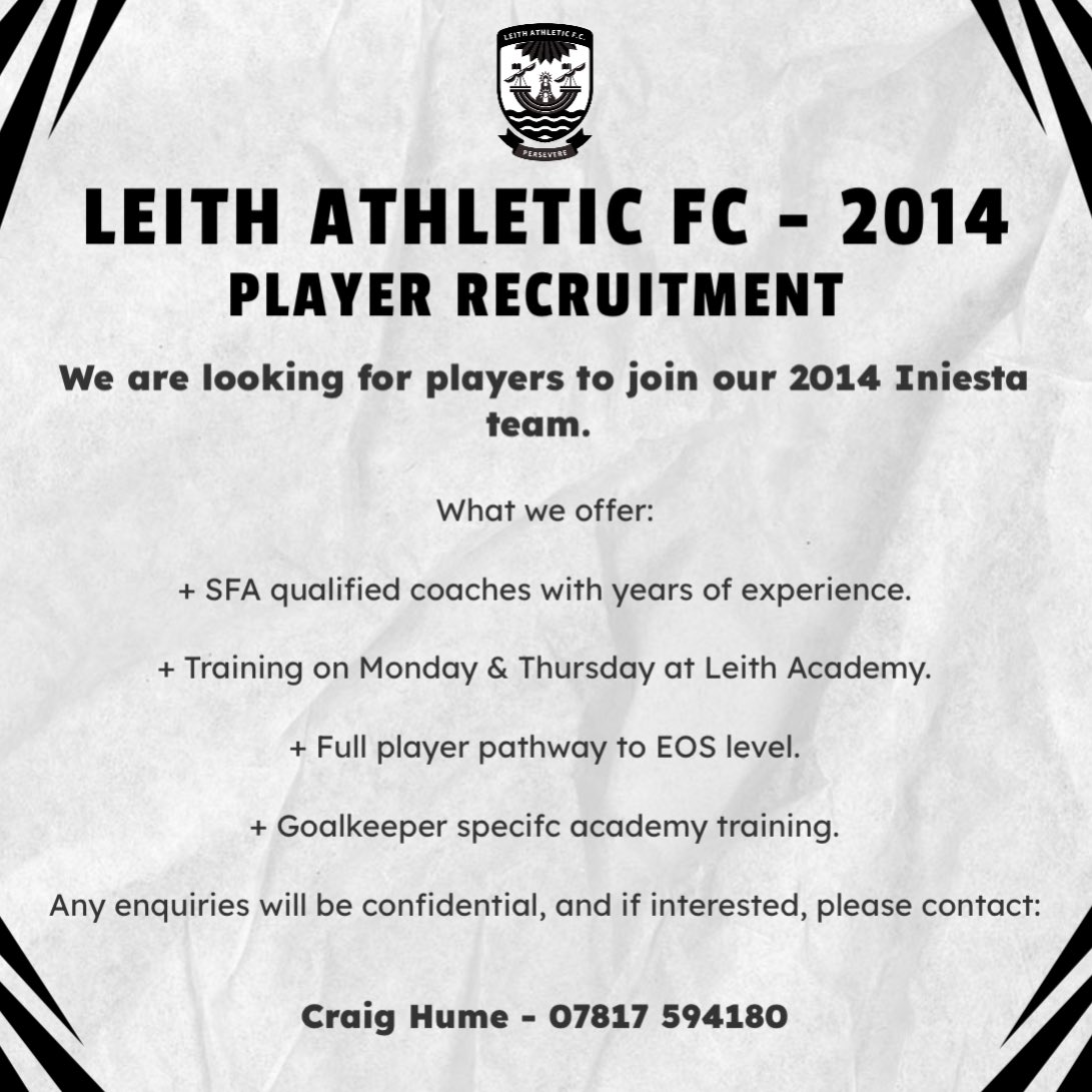 ‼️WE ARE RECRUITING‼️

Our 2014 age group are recruiting for players, in particular their Iniesta team.

If you’re interested, please get in touch with Craig Hume on 07817 594180 for more information! 

#PERSEVERE