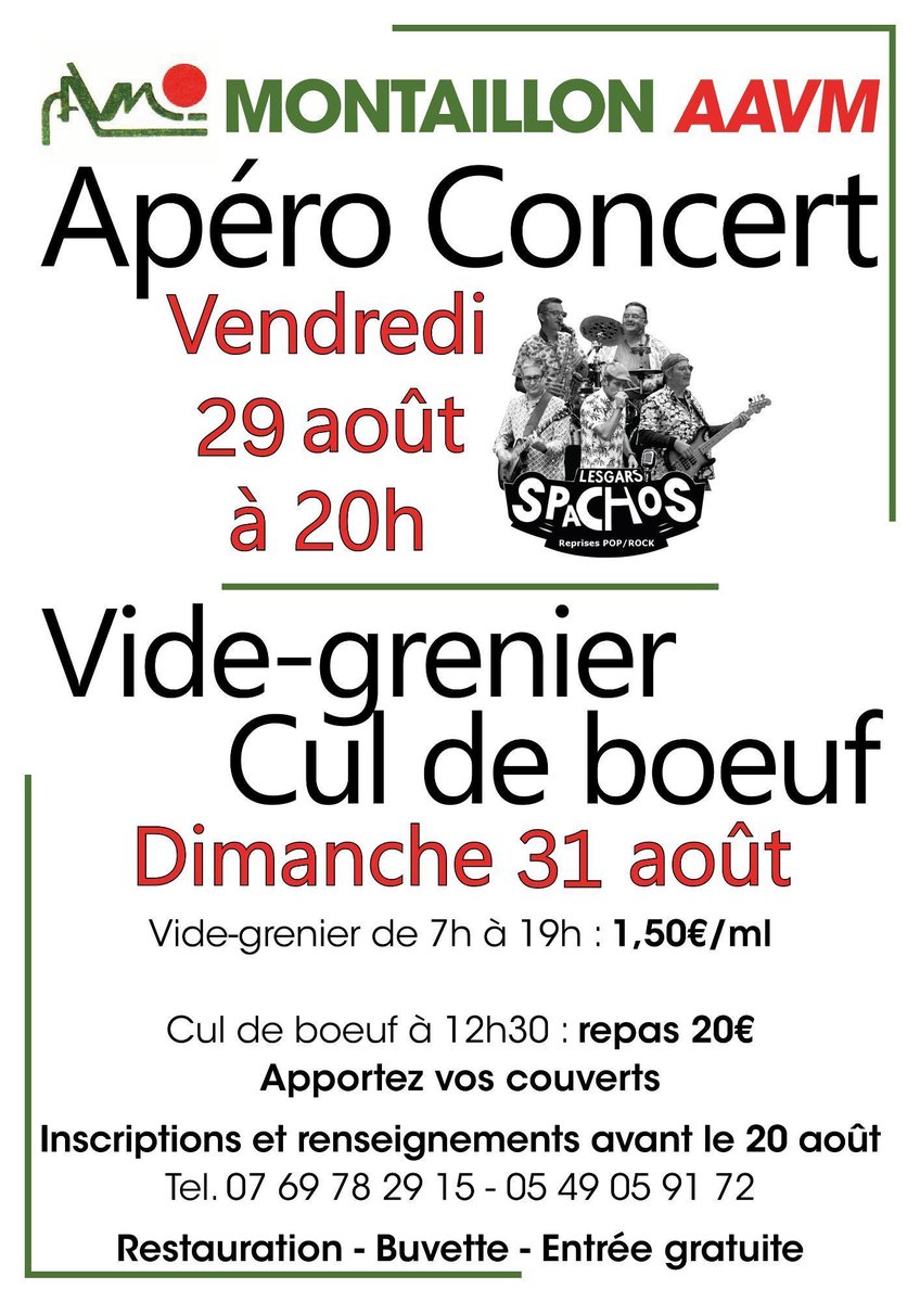 🎉 Week-end festif à Montaillon les 29 &amp; 31 août ! 🎉

L'AAVM vous invite le vendredi 29 août à 20h00 pour un apéro concert, et le dimanche 31 août pour un vide-greniers accompagné d'un Cul de bœuf. #Aigondigné

buff.ly/RxB3j1O