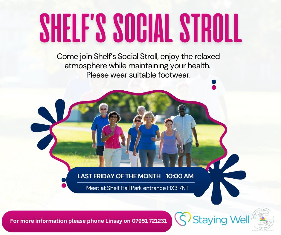 Our next Shelf's Social Stroll is happening next week!🚶

Come and join the relaxed atmosphere whilst having some exercise and meeting new people!💕

📅25th July 2025
🕰️10am
📍Shelf Hall Park entrance
📞Linsay 07951721231

Please wear suitable footwear!🥾

#Community #Walking