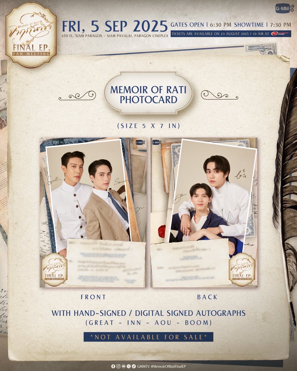 🔈 FINAL REMINDER ❤️‍🔥 

— MEMOIR CHAPTER 10
#MemoirOfRatiEP10
#AouBoom #besevboom 

อีกไม่ถึง 1 ชั่วโมง 🔥 อย่าลืม ! เรามีนัดกดบัตรงาน ‘จาฤกรติชา Memoir Of Rati Final EP. Fan Meeting’ 📜🖋️ กันนะเจ้าคะ หญิงอัญชันขอให้ทุกท่านสมหวังกับบัตรที่อยากได้ แล้วมาเจอกันเยอะๆ นะเจ้าคะ 💛💜