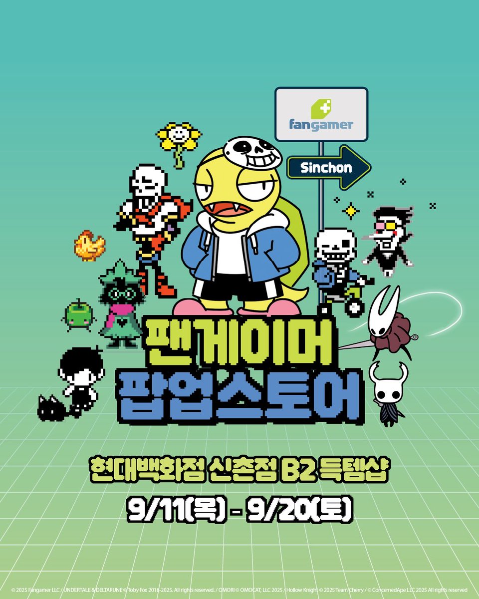 fangamer_popup's tweet image. 🎮팬게이머 팝업 스토어 오픈!🎮 

국내 최초! 게이머에 의한, 게이머를 위한 인디게임 굿즈 전문 ‘팬게이머 팝업스토어’ 오픈! 
 
일정 : 25.09.11(목) - 25.09.20(토) 
*9/15(월)은 백화점 휴점일로 미운영합니다.
장소 : 현대백화점 신촌점 유플렉스 B2F 득템샵  

언더테일, 델타룬, 스타듀밸리,…