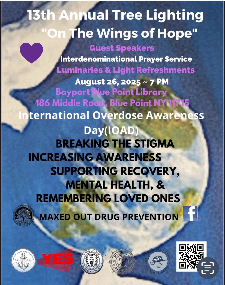 maxedoutdp's tweet photo. 13 th Annual “On the Wings of Hope “ August 26th ,2025 💜@BBPLIB  @GSBCoalition @  @TownofIslip @Suffolk_Sheriff  @RayTierneyDA @BrookhavenTown Resources,therapeutic art project, Purple Rock Project , luminaries, blessing of the tree, guest speakers,refreshments, Clergy 💜 https://t.co/yvX61ifMVO