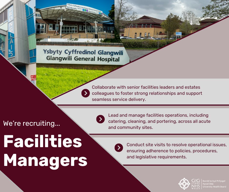 ** Facilities Manager **

We’re looking for Facilities Managers for our 4 acute sites.

Could you…
⬛ Collaborate with senior facilities leaders and estates colleagues to foster strong relationships and support seamless service delivery.

Apply today 👉
hduhb.nhs.wales/working-for-us…