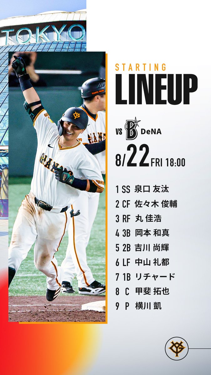 TokyoGiants's tweet photo. 【一軍】vs DeNA
東京ドーム
18時試合開始

今日のスタメン！

試合はGIANTS TVで生配信！ 
https://t.co/OFc1noUrX0

#新風 #ジャイアンツ https://t.co/rnZvpDTUGc