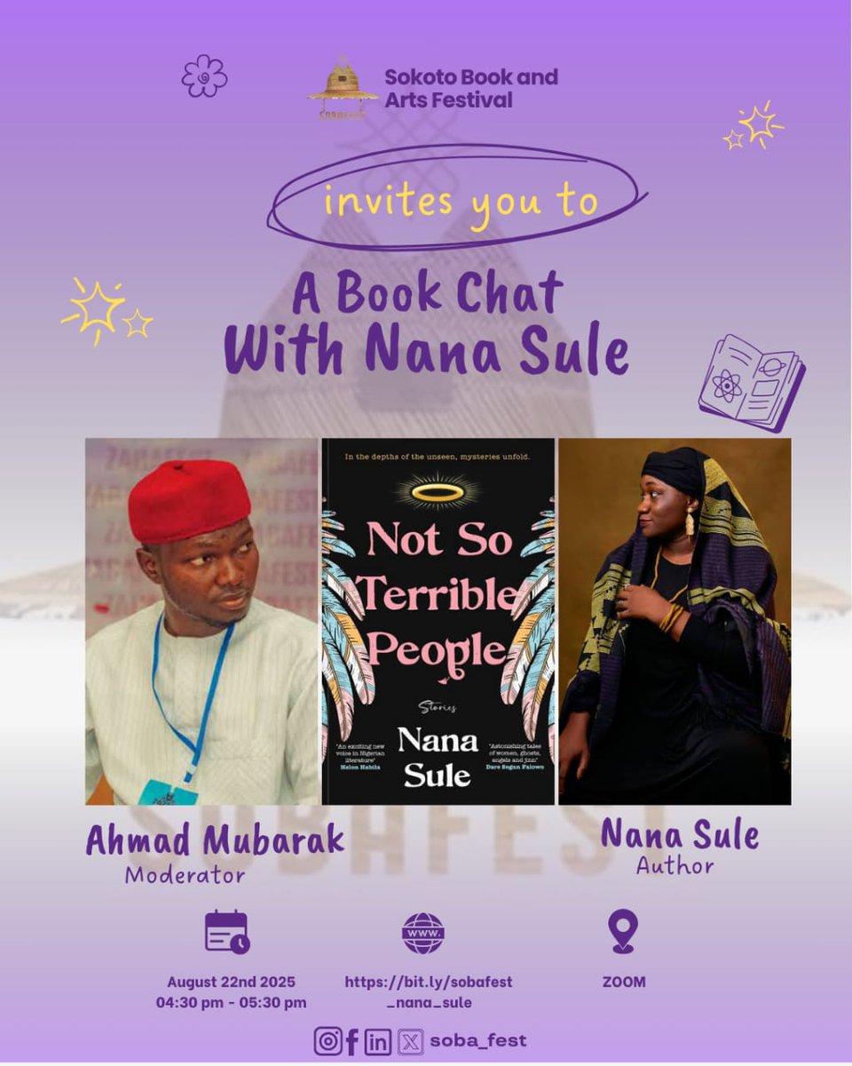 <a href="/SOBAFdn/">Sokoto Book and Arts Festival</a> <a href="/salimpotter/">Salim 🍥</a> 4:30pm: Book Chat w/ Nana Sule  
Books, brains &amp; vibes. Sokoto’s got it all today 

Register here; bit.ly/sobafest_nana_… 

Don't forget to get your ticket also for tomorrow's event; selar.com/sobafest25