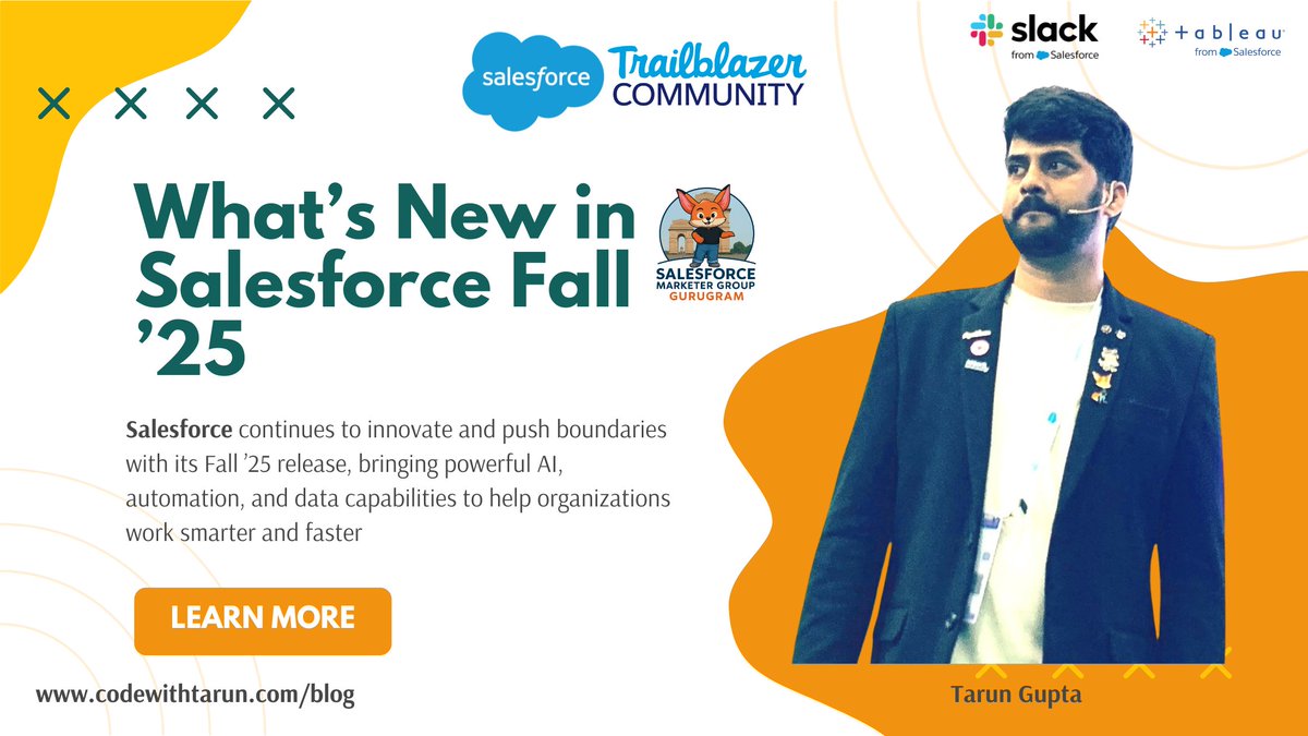 thetarunguptaa's tweet photo. I just published What’s New in Salesforce Fall ’25 https://t.co/sUAPYEhlMV @justguilda @gurugram_sfmc @salesforce @vivaanshtech #Salesforce #SalesforceFall25 #Agentforce #FlowBuilder #TableauNext #DataCloud #AIPowered #Automation #CRMInnovation #DigitalTransformation https://t.co/7stLE5gq6r