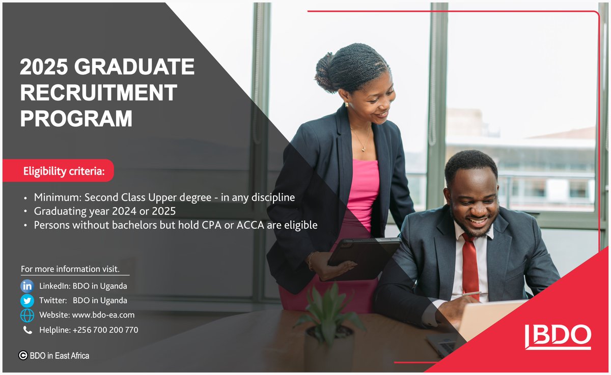 BDOUganda's tweet image. OUR 2025 GRADUATE RECRUITMENT PROGRAM IS BACK!
This is not just another job it is an opportunity to pivot your career, sharpen your skills, and unlock your future with BDO . If you meet the requirements, stay tuned more details are coming in the next few days!
#GraduateProgram…
