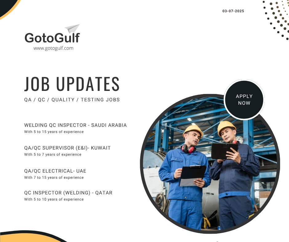Click on the below link to apply for the job vacancies,
gotogulf.com/PublicSearchVi…
#jobseekers #weldingqcinspector #qaqcsupervisor #qaqcelectrical #qcinspectorwelding #qatar #UAE #saudiarabia #kuwait #GCCJobs
