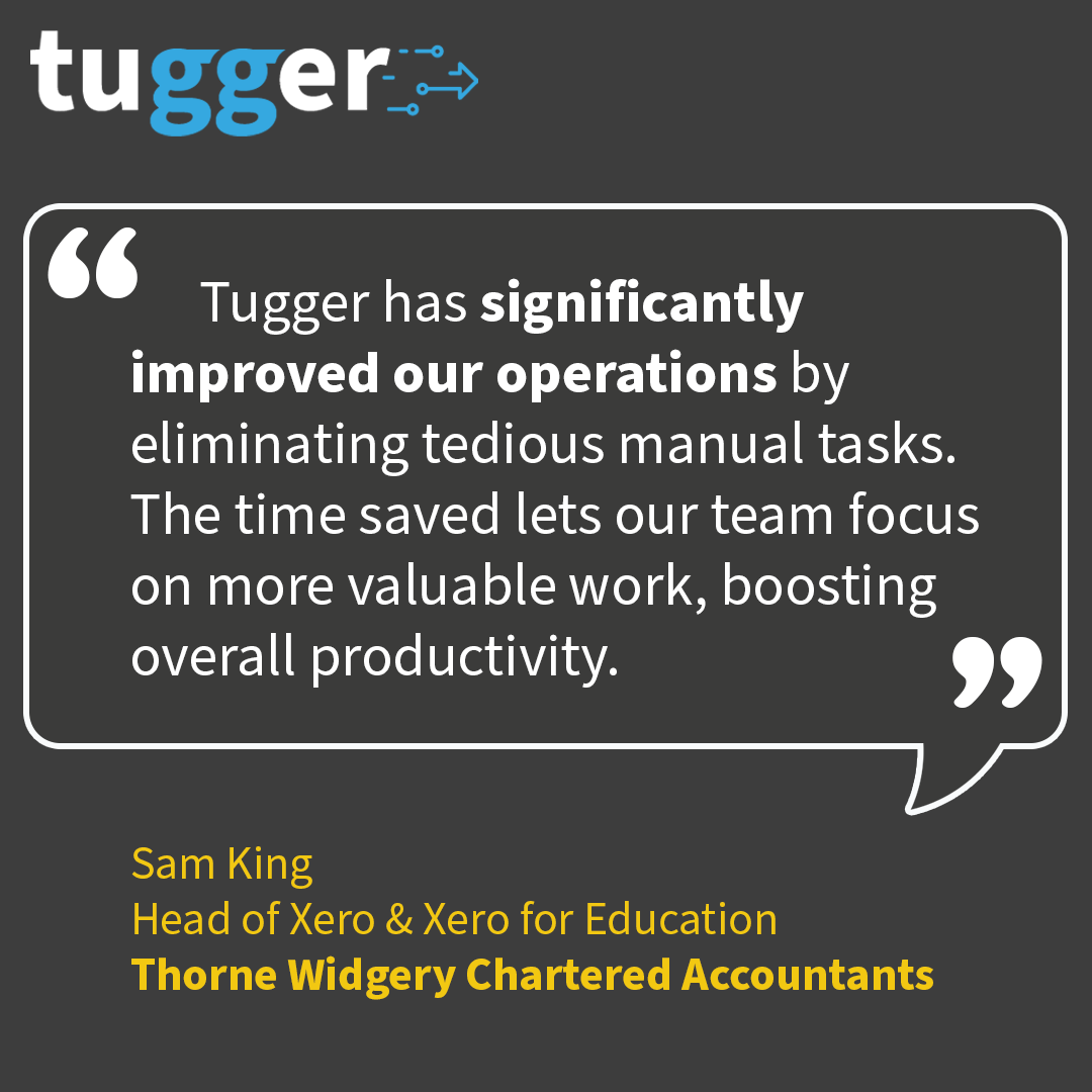 It’s #FeedbackFriday 🎉

Saving time at work means focusing on what really matters. Thanks to Sam King at <a href="/ThorneWidgery/">Thorne Widgery</a> Chartered Accountants for sharing how Tugger boosts efficiency + productivity!

(TW are <a href="/Xero/">Xero</a> users)

#CustomerFeedback #Testimonial #Tugger #DataAutomation