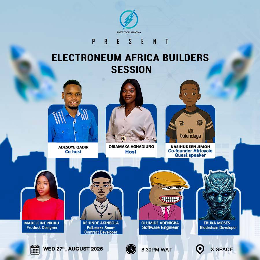 electroneum (@electroneum) on Twitter photo 🔥Calling all Builders! 🔥
<a href="/afr_electroneum/">Electroneum Africa Builders</a> is bringing the Electroneum Africa Builders Session to X Space.
A space for innovators across Africa building on the Electroneum Smart Chain to pitch, connect, and shine. 
📅Date: Wednesday, 27th August 2025
⌚Time: 8:30 PM WAT 
Be 🔥Calling all Builders! 🔥
<a href="/afr_electroneum/">Electroneum Africa Builders</a> is bringing the Electroneum Africa Builders Session to X Space.
A space for innovators across Africa building on the Electroneum Smart Chain to pitch, connect, and shine. 
📅Date: Wednesday, 27th August 2025
⌚Time: 8:30 PM WAT 
Be