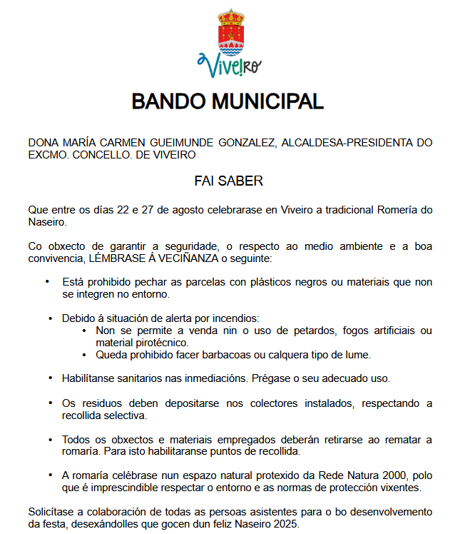⚠️ O Concello de Viveiro lembra as normas de seguridade e convivencia para a Romaría do Naseiro.

👉 Acceso ao documento aquí:
📁 goo.su/Y6I5Ig

🚌 Haberá servizo especial de autobuses entre Viveiro e O Naseiro.

ℹ️ Máis info: 🔗 goo.su/Ugs9s