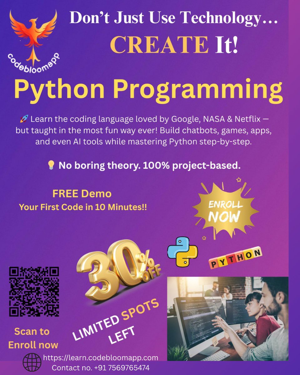 codebloomapp's tweet image. Want to learn Python?
At CodeBloomapp, coding becomes easy & fun! 🚀
✅ Beginner to advanced level
✅ Hands-on coding & projects
✅ Free Demo + Certificate
👉 Start your Python journey today!
learn.codebloomapp.com
+91 75697 65474
#CodeBloomapp #PythonProgramming #LearnPython