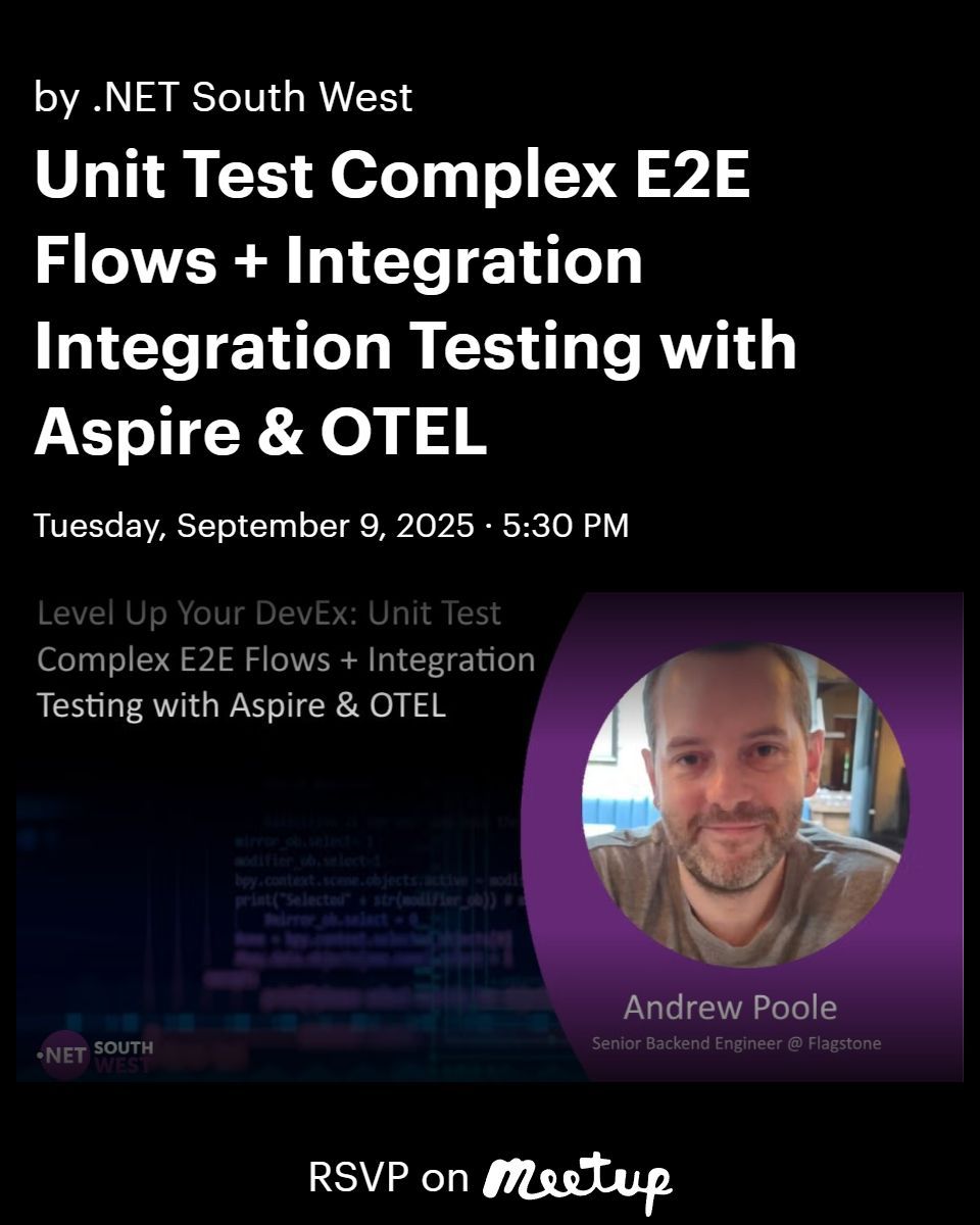 carlcod_es's tweet image. After a slightly longer than planned break the .NET South West meetup is back!!!!

Andrew Poole joins us to talk about Unit Test Complex E2E Flows + Integration Integration Testing with Aspire &amp;amp; OTEL

Thanks to IO Associates for hosting, RSVP meetup.com/dotnetsouthwes…