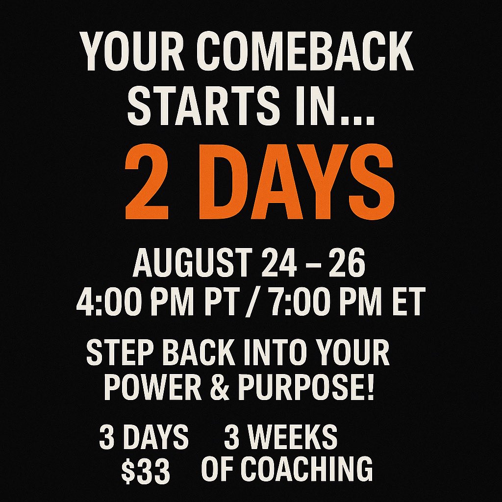 Hey My Man… Your COMEBACK starts in just 2 days!!! Grab your seat - link is in my bio… I would be honored to see you there. 

I know you’ve been searching - so I’m giving you the exact playbook I wish I had. You just have to show up.
3 Days - 3 wks worth of coaching - 3 Tactics