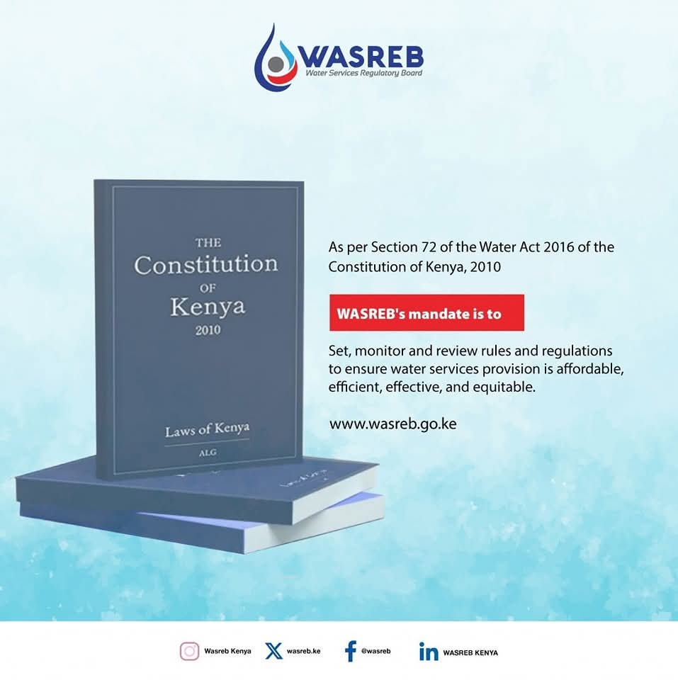 WASREB’s Mandate at a Glance!

We ensure that every Kenyan has access to safe, affordable, and sustainable water services.

Read more on wasreb.go.ke/who-we-are/

 #waterservicesforall 
#WaterRegulation
#ConsumerProtection