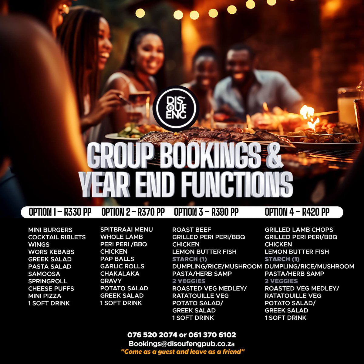 DISOUFENG_PUB's tweet photo. 🎉 Year-End Function Goals? We’ve Got You! 🎉
Book your own section and enjoy a vibey year-end with the freedom to connect and celebrate with other fun-loving patrons!

Contact bookings@disoufengpub.co.za - 076 520 2074 OR 061 370 6102 

#YearEndFunction #DisoufengLifestyle https://t.co/ejcrQw2e7M
