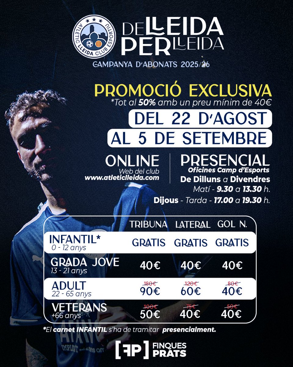 🔥 Abona’t a l’Atlètic Lleida 🔥

🎟️Online a la nostra web o presencial al Camp d'Esports de dilluns divendres de 9.30 a 13.30, i els dijous també de 17.00 a 19.00 h.

Els carnets de 1⃣2⃣ anys o menys cal tramitar-los de forma presencial.

🩶💙 De Lleida per Lleida

👉 Per fer-te