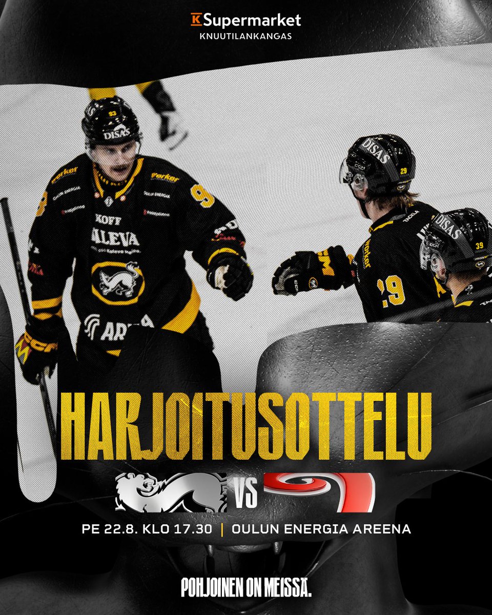Ensimmäinen kunnon harjoituspeli kotona Raksilassa tänään! 🔥 Nähdään pelissä!💛

🆚  JYP
⏰ 22.8. klo 17:30
📍 Oulun Energia Areena
🎫 ticketmaster.fi/karpat
📺 KalevaLive

#Kärpät #Liiga