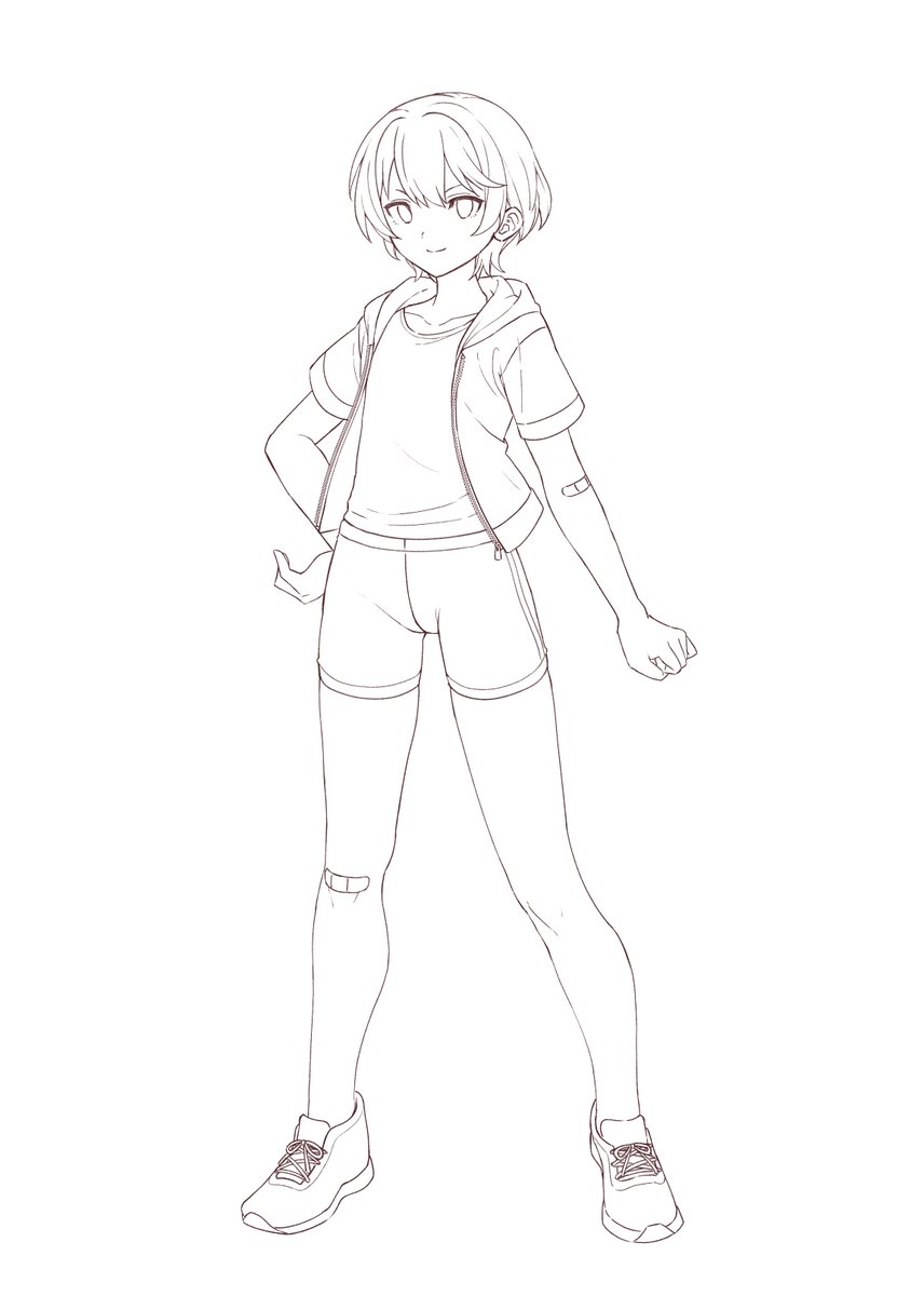 ヒロインの一人「藍沢　夏心（あいざわ　かこ）」の線画立ち絵が完成しました！

ラフより、なんだか足がムッチリしたような気がしますが、それは描いて下さった方の趣味らしいです！

愛嬌があって、元気活発なイメージがより明確になった気がします！

素晴らしい！！