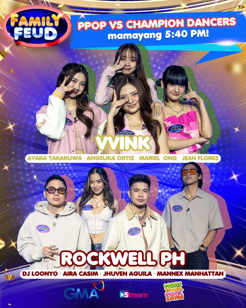 FamilyFeudPH's tweet photo. Dance moves and P-Pop hits collide! VVINK and ROCKWELL PH in today’s ultimate survey showdown!

#FeudVVinkVSRockwell | August 22, 2025
#FamilyFeudPH #MoreTawaMoreSaya https://t.co/lXPbHB8nDm