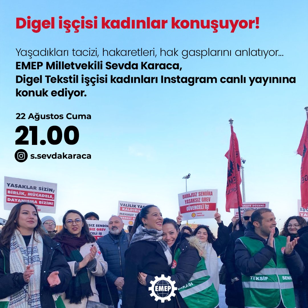 emekpartisi's tweet photo. Digel Tekstil işçisi kadınlar yaşadıkları tacizi, hakaretleri, hak gasplarını anlatıyor.

EMEP Milletvekili Sevda Karaca (@sevdakaraca), Digel Tekstil işçisi kadınları Instagram canlı yayınına konuk ediyor.

22 Ağustos Cuma
Saat 21.00
Canlı yayın: https://t.co/knsckKNhD1 https://t.co/k1FmUqS7Yp
