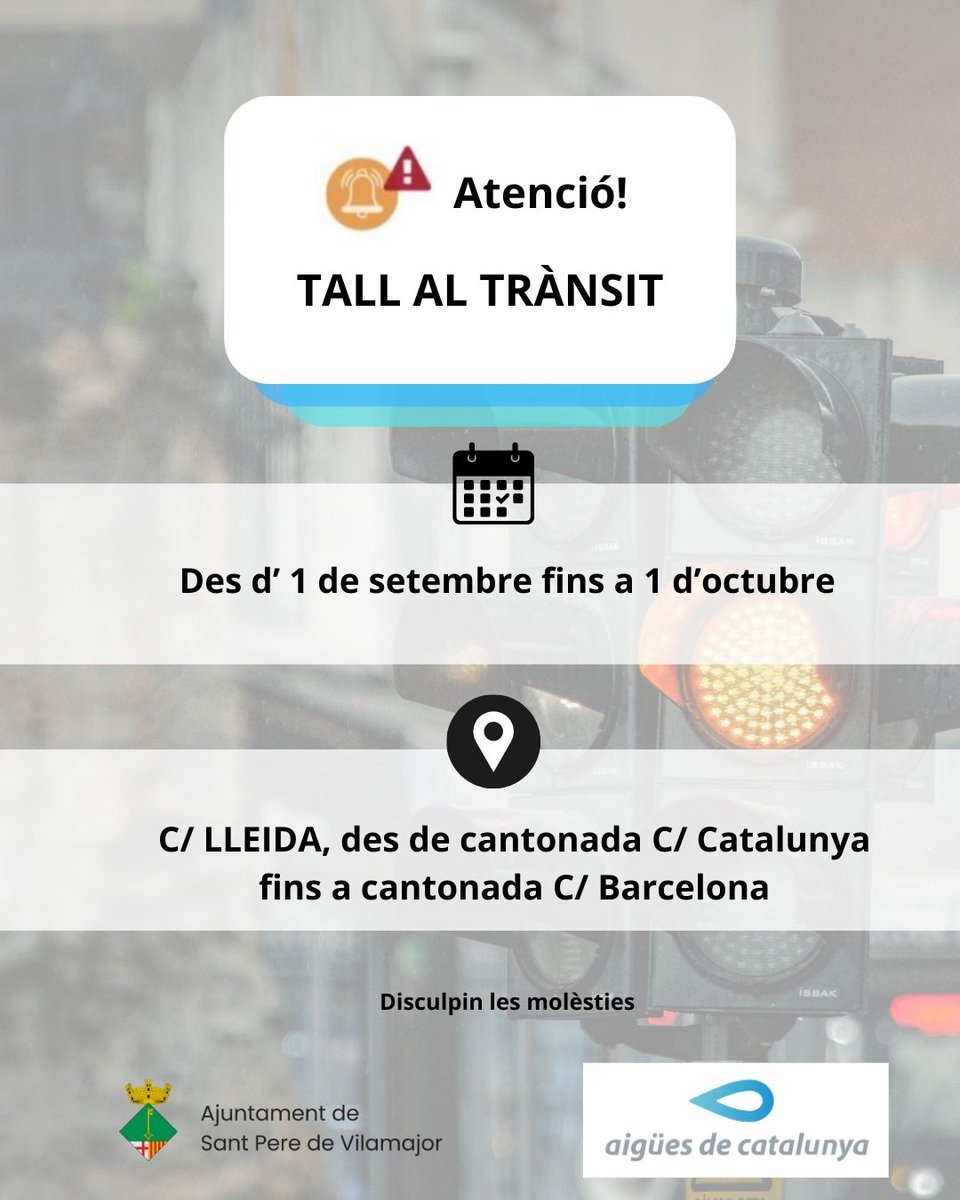 ❗ATENCIÓ ‼️<a href="/ajspvilamajor/">Ajuntament Sant Pere de Vilamajor</a>

⛔ Prohibició de pas al trànsit al C/ LLEIDA, des de cantonada C/ Catalunya fins a cantonada C/ Barcelona

🗓️ Des de 1 de setembre fins a 1 d'octubre, per la realització de les obres de millora de la xarxa d'aigua potable de la urbanització de Can Vila
