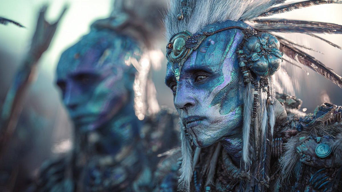 StarjupiAI's tweet photo. Tribe assembly – blue-toned warriors with feathered headdresses, unified and immersive. Epic world-building! #AlienTribe #Midjourney #WorldBuilding #EpicFantasy #HashtagArt https://t.co/ChZWL8J49A
