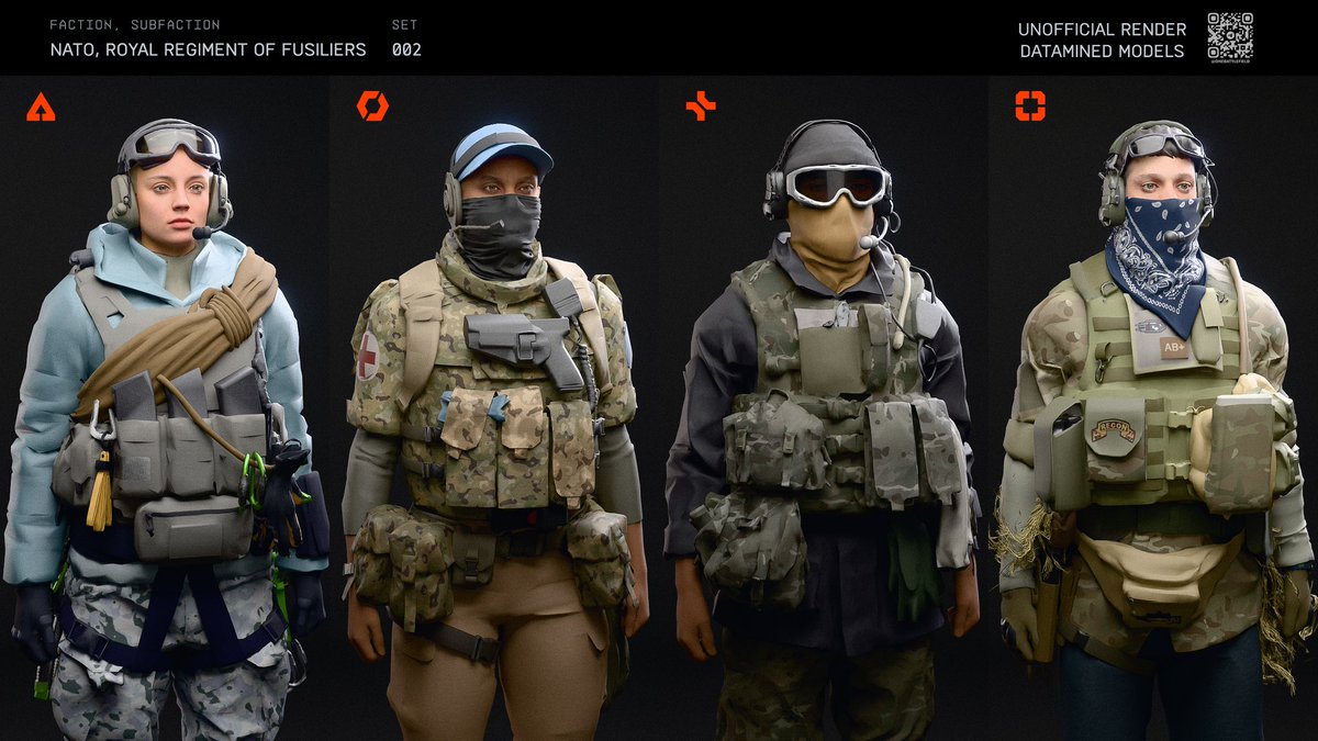 onebattlefield's tweet image. A compilation of datamined characters of the NATO faction.
Please note that most of the skins are untextured. The &quot;unmasked&quot; version doesn&apos;t exist in the game, but I included them, so you can see the face.

This one is about UK subfaction, check the comments for more. (1/4)