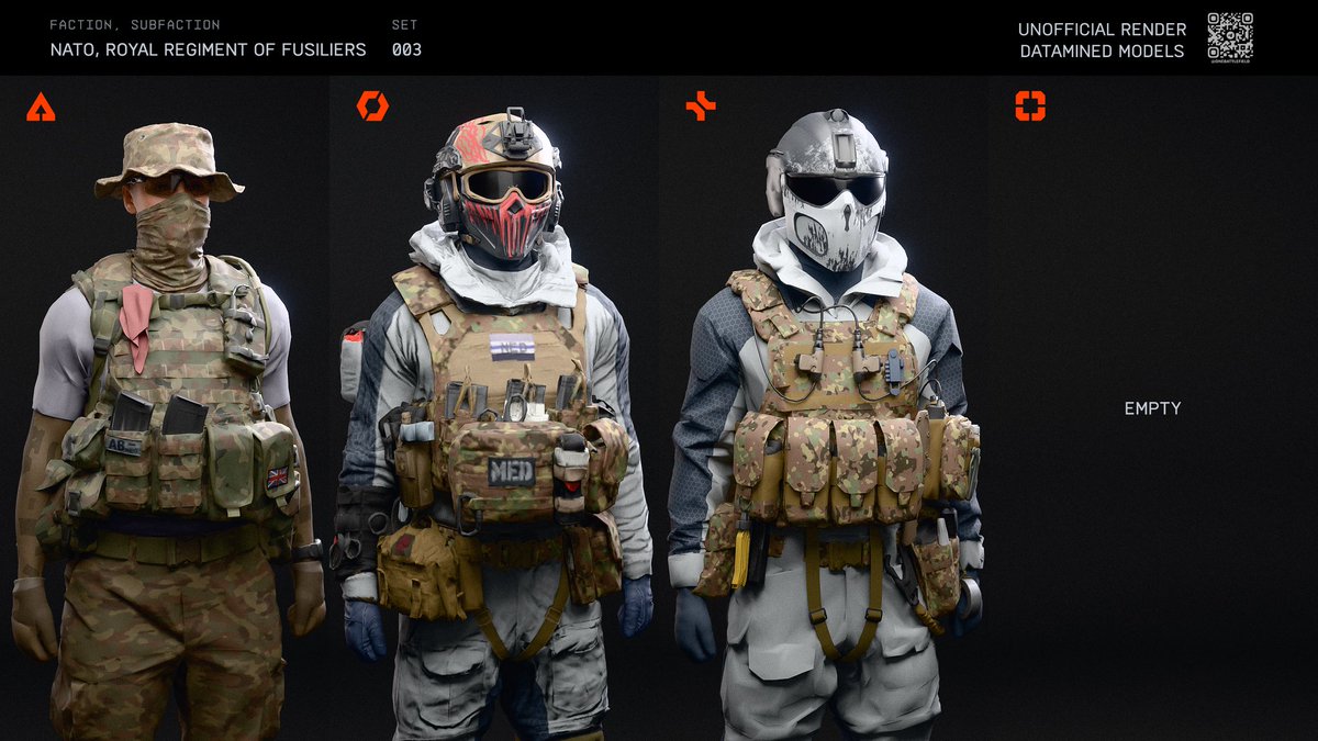 onebattlefield's tweet image. A compilation of datamined characters of the NATO faction.
Please note that most of the skins are untextured. The &quot;unmasked&quot; version doesn&apos;t exist in the game, but I included them, so you can see the face.

This one is about UK subfaction, check the comments for more. (1/4)