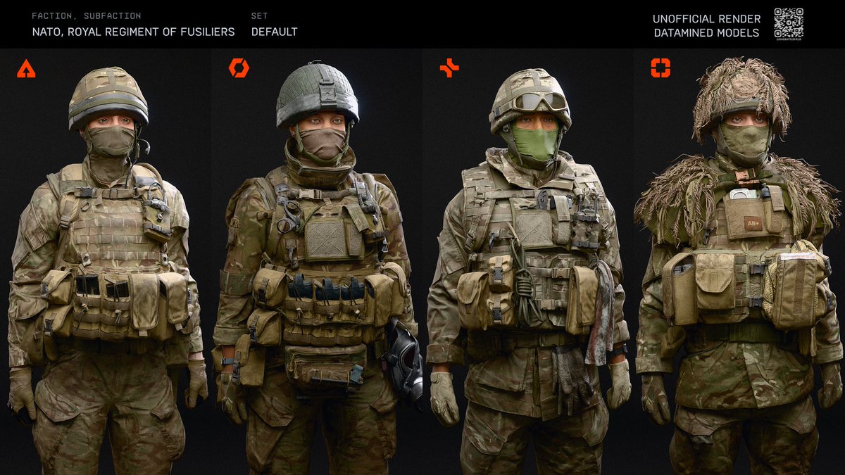 onebattlefield's tweet image. A compilation of datamined characters of the NATO faction.
Please note that most of the skins are untextured. The &quot;unmasked&quot; version doesn&apos;t exist in the game, but I included them, so you can see the face.

This one is about UK subfaction, check the comments for more. (1/4)