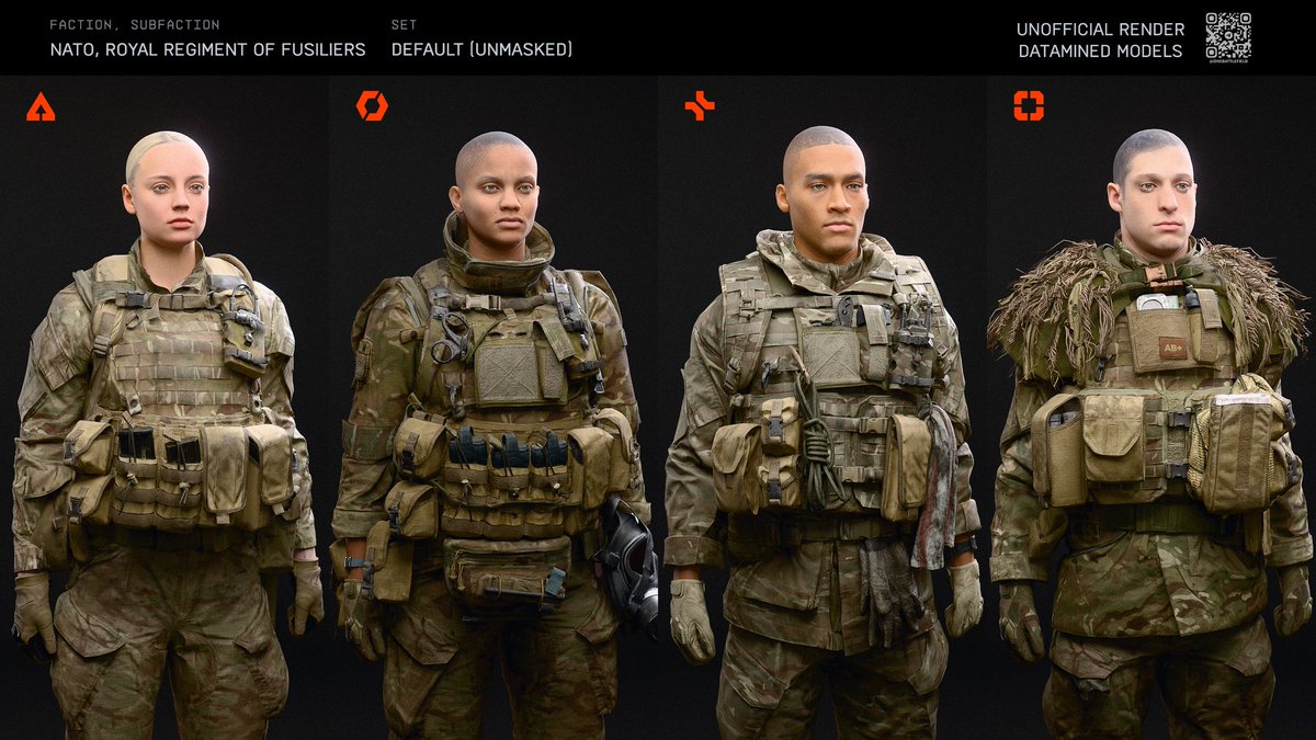 onebattlefield's tweet image. A compilation of datamined characters of the NATO faction.
Please note that most of the skins are untextured. The &quot;unmasked&quot; version doesn&apos;t exist in the game, but I included them, so you can see the face.

This one is about UK subfaction, check the comments for more. (1/4)
