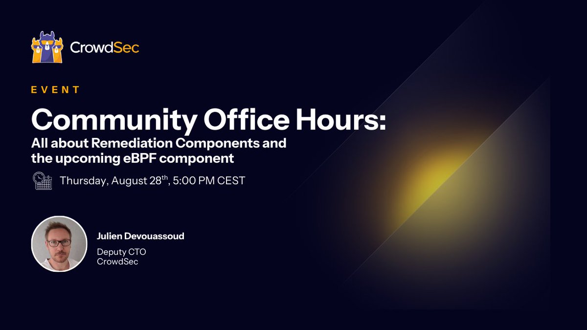 Crowd_Security's tweet photo. 📅 Today is the day! Our Community Office Hours: August Session kicks off in just a few hours.  

Join us for an open discussion on Remediation Components, get a sneak peek at the upcoming eBPF component, and bring along any other topics you’d like to explore.  

You can sign up here 👉 https://t.co/J6klM8tUce   

See you soon 👋   

#webinar #cybersecurity #officehours #community