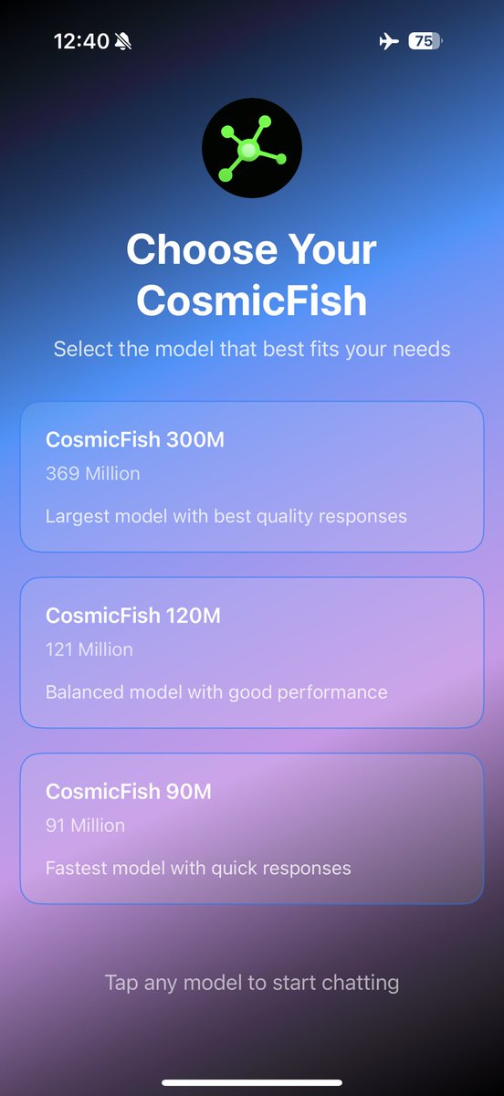 akkiisfrommars's tweet photo. A small sneak peak at CosmicChat 

With CosmicChat you can run CosmicFish LLMs locally on your phone !

Just added a model switcher, you can now switch between CosmicFish 90M, 120M and 300M 

And also a new UI with chat history and model generation settings 

Launching soon… https://t.co/jy3rr3Py6q