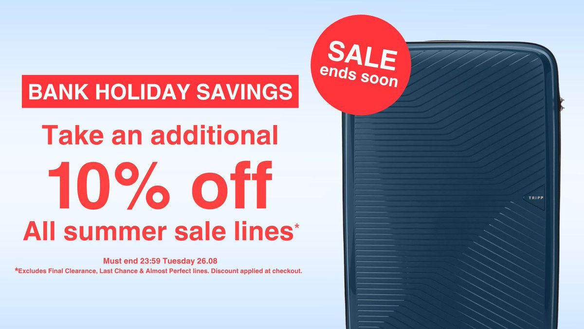 Bank Holiday Savings! Take An Extra 10% Off All Summer Sales Lines!
Shop here: tripp.co.uk/offers/c254 #trippluggage #travelwithtripp