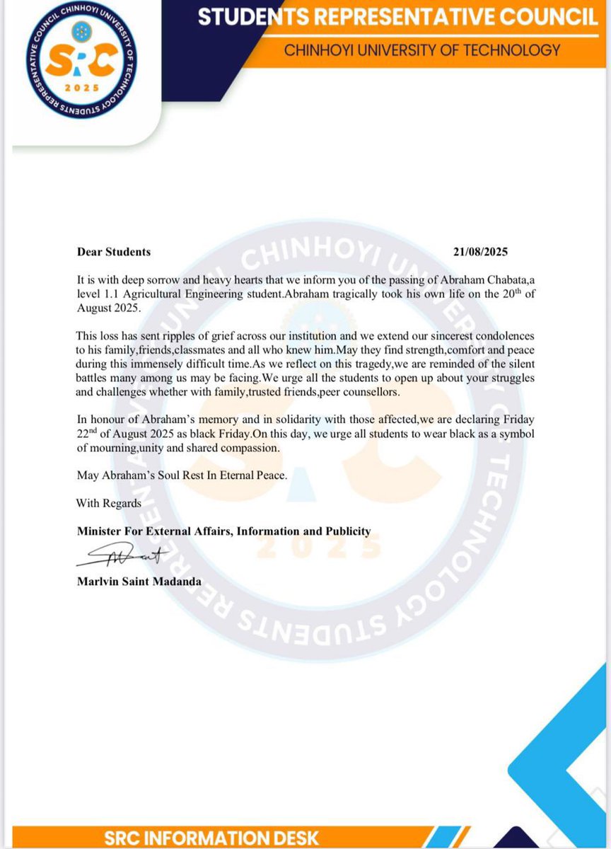 It's Black Friday for us as we stand in solidarity with students at CUT. Mental health is real, and it's high time these institutions of higher tertiary education create safe space and provide accessible counseling and psychological support. #MentalHealthMatters