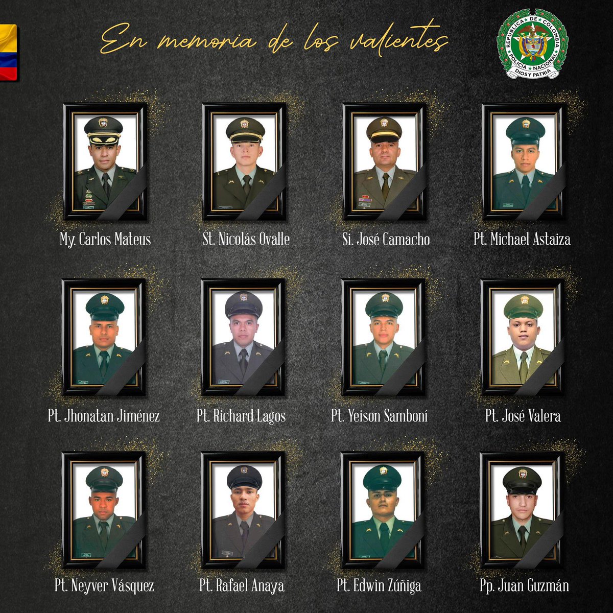 Pedro Arnulfo Sanchez S. Orgullosamente Colombiano (@pedrosanchezcol) on Twitter photo ๐จ๐ด๐๏ธยก๐๐๐๐๐๐๐๐๐๐๐ ๐ร๐๐๐๐!
Colombia llora la pรฉrdida de 12 valientes policรญas que entregaron su vida en defensa de la patria. Su asesinato, perpetrado con sevicia y cobardรญa por la estructura criminal 36 de las disidencias del cartel de alias Calarcรก, nos llena de ๐จ๐ด๐๏ธยก๐๐๐๐๐๐๐๐๐๐๐ ๐ร๐๐๐๐!
Colombia llora la pรฉrdida de 12 valientes policรญas que entregaron su vida en defensa de la patria. Su asesinato, perpetrado con sevicia y cobardรญa por la estructura criminal 36 de las disidencias del cartel de alias Calarcรก, nos llena de
